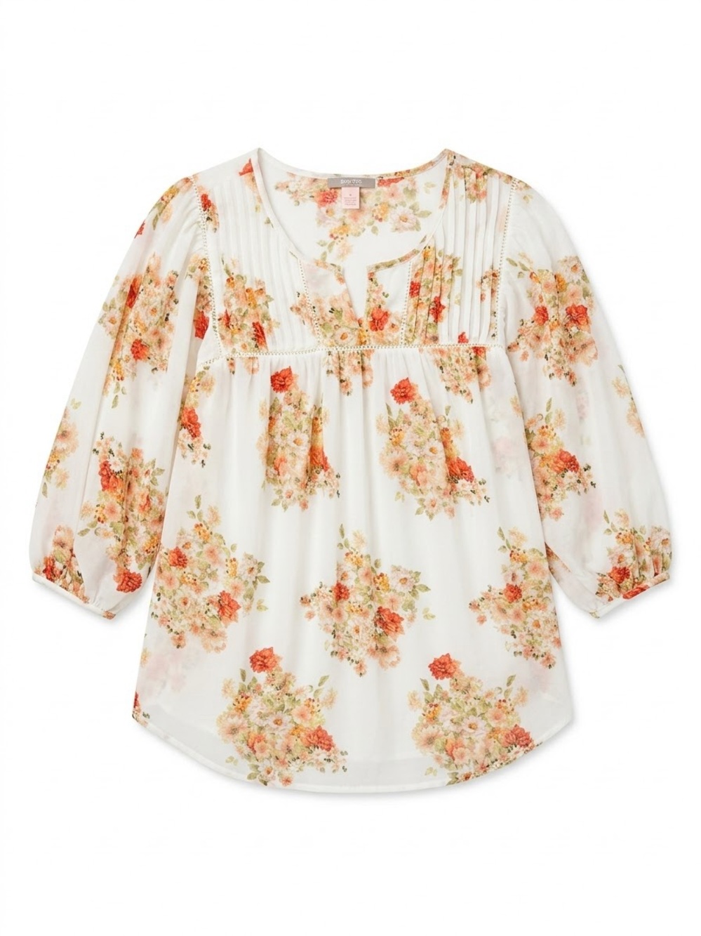 Forever 21 Contemporary Floral Split Neck Pintuck Boho Blouse - Small